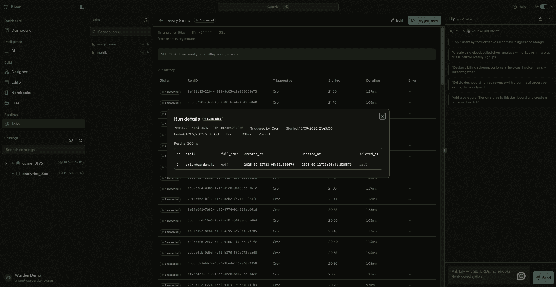 River job with run history and stored result